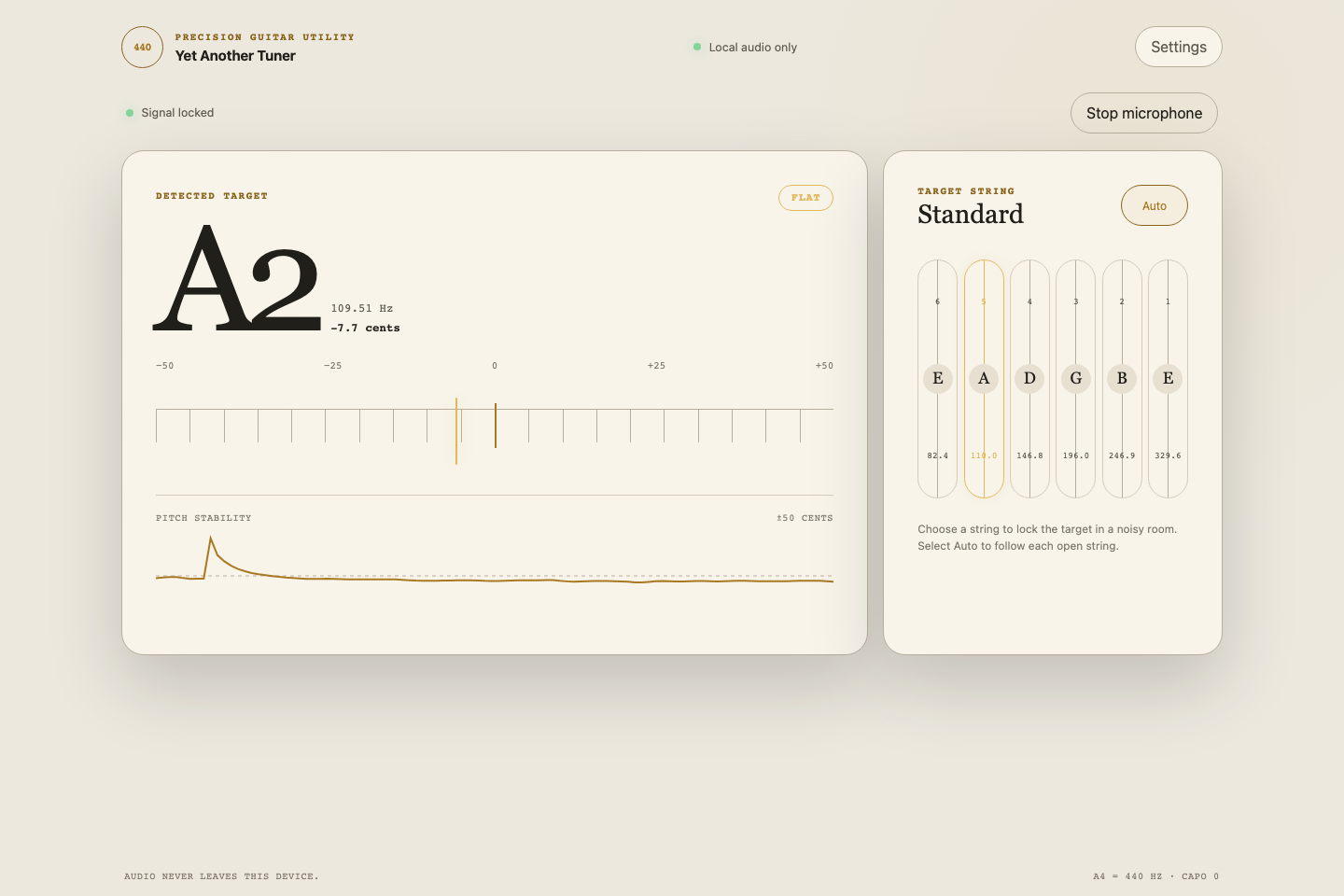 Tuner in light theme on desktop